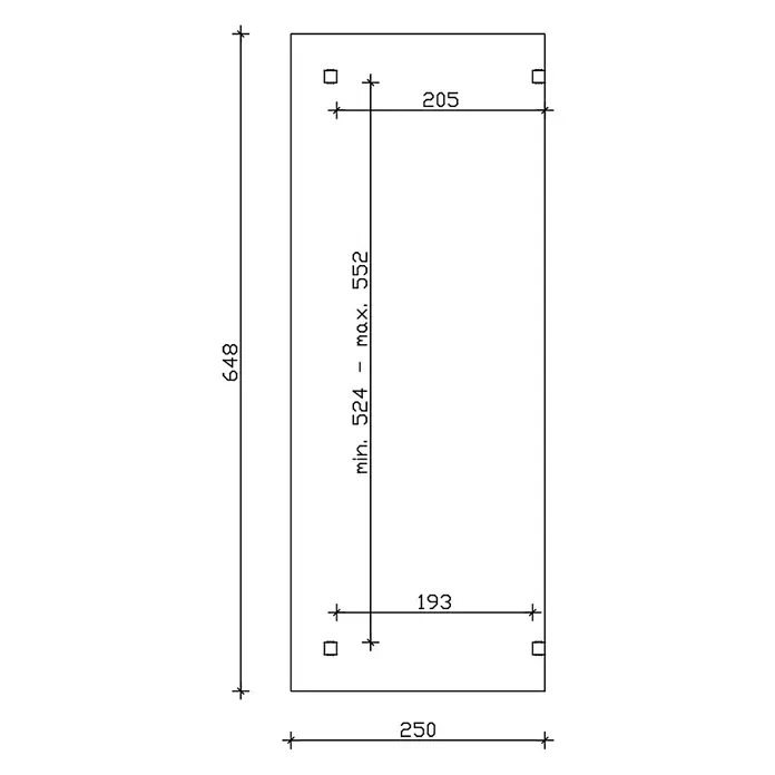 SKAN HOLZ Terrassenüberdachung Sanremo - B x T: 648 x 250 cm, Weiß, Polycarbonat, Transparent - Technische Zeichnung einer rechteckigen Platte, 250x648 mm, mit vier Eck-Befestigungslöchern und einstellbarem vertikalen Lochabstand.