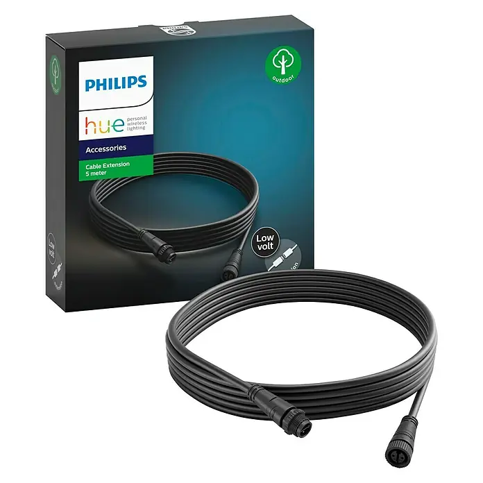 Philips Hue Verlängerungskabel White and Color Ambiance Outdoor - 5 m, Schwarz, IP67 - Abbildung eines Philips Hue Outdoor Kabelverlängerungs-Set. Das Set beinhaltet ein 5-Meter-Verlängerungskabel für den Außenbereich.