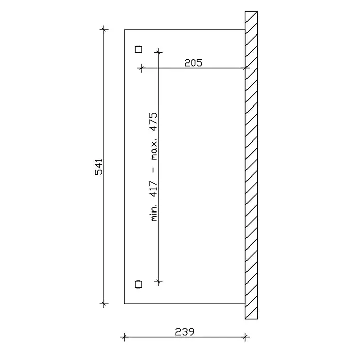 SKAN HOLZ Terrassenüberdachung Verona - B x T: 541 x 239 cm, Natur, Polycarbonat, Transparent - Installationszeichnung mit Hauptabmessungen: 541mm Höhe, 239mm Tiefe, 205mm Montageversatz und 417-475mm verstellbare vertikale Montagelöcher.