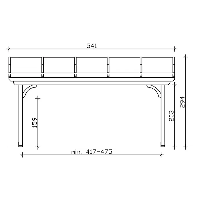 SKAN HOLZ Terrassenüberdachung Verona - B x T: 541 x 239 cm, Natur, Polycarbonat, Transparent - Technische Zeichnung eines Balkons oder einer Plattform mit Geländer und Stützen, mit Maßen wie Länge 541 und Höhe 294.