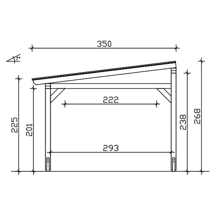SKAN HOLZ Terrassenüberdachung Siena - B x T: 648 x 350 cm, Weiß, Polycarbonat, Transparent - Hölzerner Pultdach-Unterstand mit schrägem Dach und Stützbalken, bemaßt.