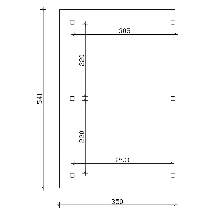 SKAN HOLZ Terrassenüberdachung Siena - B x T: 541 x 350 cm, Weiß, Polycarbonat, Transparent - Technische Zeichnung eines rechteckigen Bauteils, zeigt Gesamtmaße 541x350, Innenmaße und quadratische Befestigungspunkte.