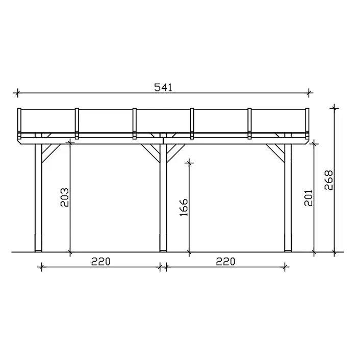 SKAN HOLZ Terrassenüberdachung Siena - B x T: 541 x 350 cm, Weiß, Polycarbonat, Transparent - Technische Zeichnung einer erhöhten Holzplattformkonstruktion mit Stützpfosten, Streben und Geländer, detailgetreue Bemaßung.