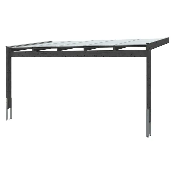 SKAN HOLZ Terrassenüberdachung Novara - B x T: 557 x 309 cm, Anthrazit, Polycarbonat, Transparent - Dunkles Holzcarport-Gestell mit transparenten Dachplatten und Metallpfostenfüßen.