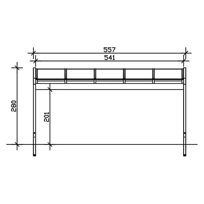 SKAN HOLZ Terrassenüberdachung Novara - B x T: 557 x 309 cm, Anthrazit, Polycarbonat, Transparent - Technische Zeichnung eines rechteckigen Rahmens mit Maßen, Gesamtbreite 557 Einheiten und Gesamthöhe 280 Einheiten.