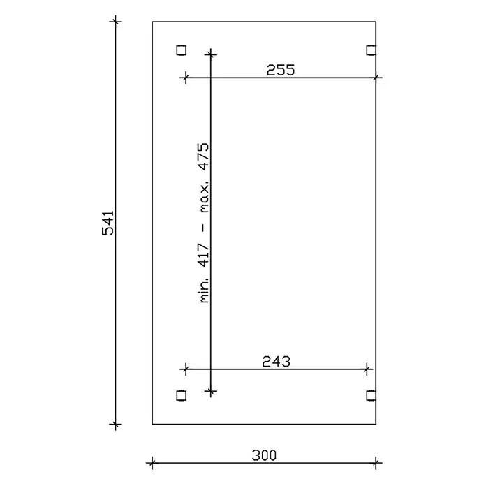 SKAN HOLZ Terrassenüberdachung Sanremo - B x T: 541 x 300 cm, Weiß, Polycarbonat, Transparent - Technische Zeichnung einer rechteckigen Platte, 300x541, mit vier quadratischen Befestigungspunkten und einstellbarem vertikalem Abstand (417-475).