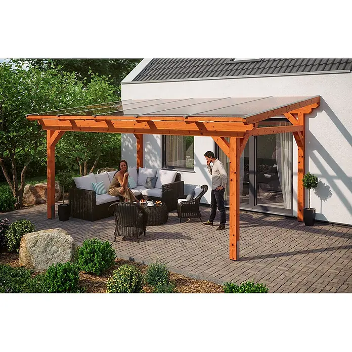 SKAN HOLZ Terrassenüberdachung Sanremo - B x T: 541 x 400 cm, Eiche hell, Polycarbonat, Transparent - Holzpergola mit transparentem Dach über einer Terrasse am Haus, spendet Schatten für Sitzgelegenheiten im Freien.