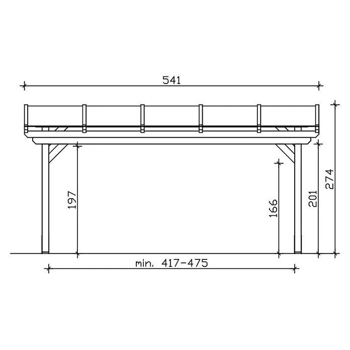 SKAN HOLZ Terrassenüberdachung Sanremo - B x T: 541 x 300 cm, Weiß, Polycarbonat, Transparent - Strichzeichnung einer erhöhten Holzplattform für den Außenbereich mit Geländer und Stützpfosten.