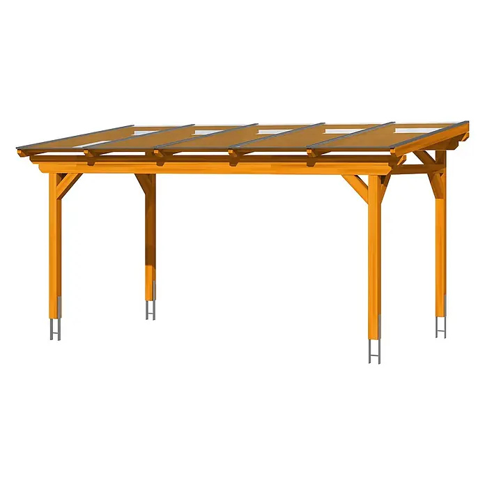 SKAN HOLZ Terrassenüberdachung Sanremo - B x T: 541 x 400 cm, Eiche hell, Polycarbonat, Transparent - Freistehende Holzpergola mit vier Pfosten und klarem Schrägdach. Inklusive Metall-Bodenanker.