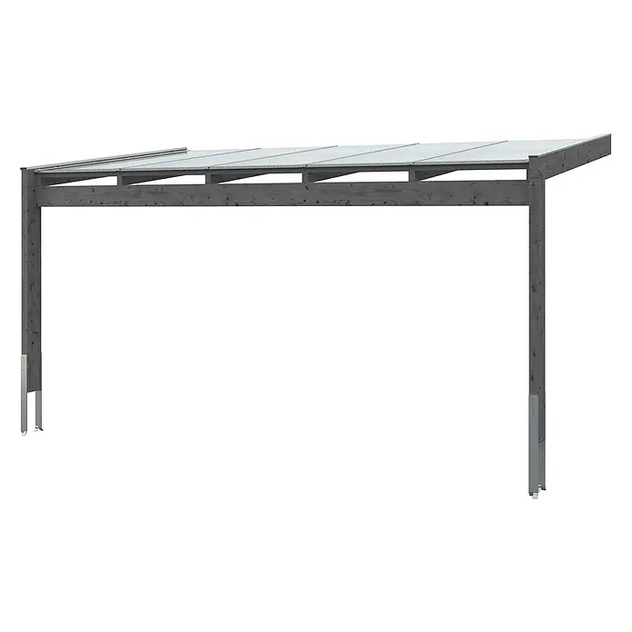 SKAN HOLZ Terrassenüberdachung Novara - B x T: 557 x 309 cm, Schiefergrau, Polycarbonat, Transparent - Dunkelgraues Holzcarport mit transparentem Dach und Metallpfostenankern.