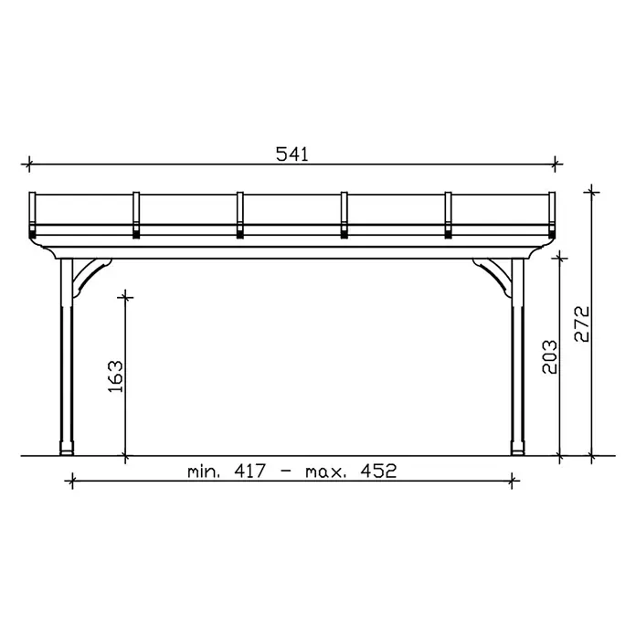 SKAN HOLZ Terrassenüberdachung Ravenna - B x T: 541 x 250 cm, Natur, Polycarbonat, Transparent - Technische Zeichnung einer tragenden Rahmenkonstruktion mit Maßen wie Gesamtlänge 541, Gesamthöhe 272 und einstellbarer Breite von 417-452.