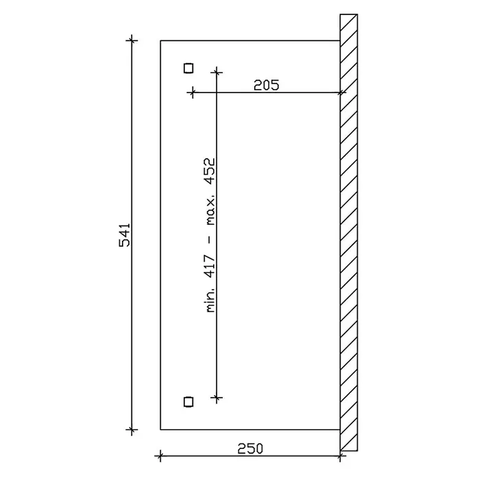 SKAN HOLZ Terrassenüberdachung Ravenna - B x T: 541 x 250 cm, Natur, Polycarbonat, Transparent - Technische Zeichnung zur Wandmontage: Gesamt 541x250, vertikaler Lochabstand min. 417 - max. 452, horizontaler Lochabstand 205.