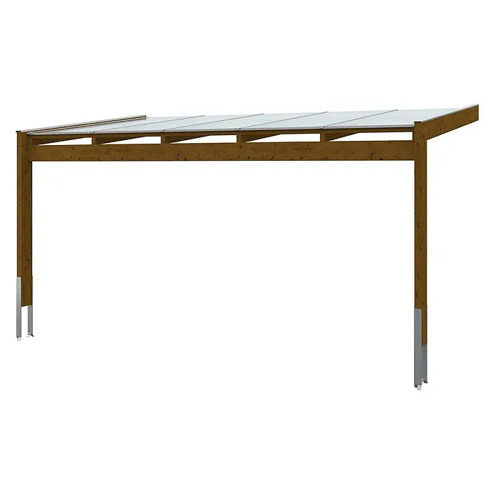 SKAN HOLZ Terrassenüberdachung Novara - B x T: 557 x 309 cm, Nussbaum, Polycarbonat, Transparent - Braunes Holzcarport mit klarem, schrägem Dach und Metallpfostenankern.