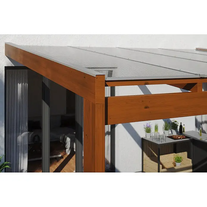 SKAN HOLZ Terrassenüberdachung Novara - B x T: 557 x 359 cm, Nussbaum, Polycarbonat, Transparent - Braune Holzveranda mit transparentem Wellplattendach, bietet geschützten Außenbereich.