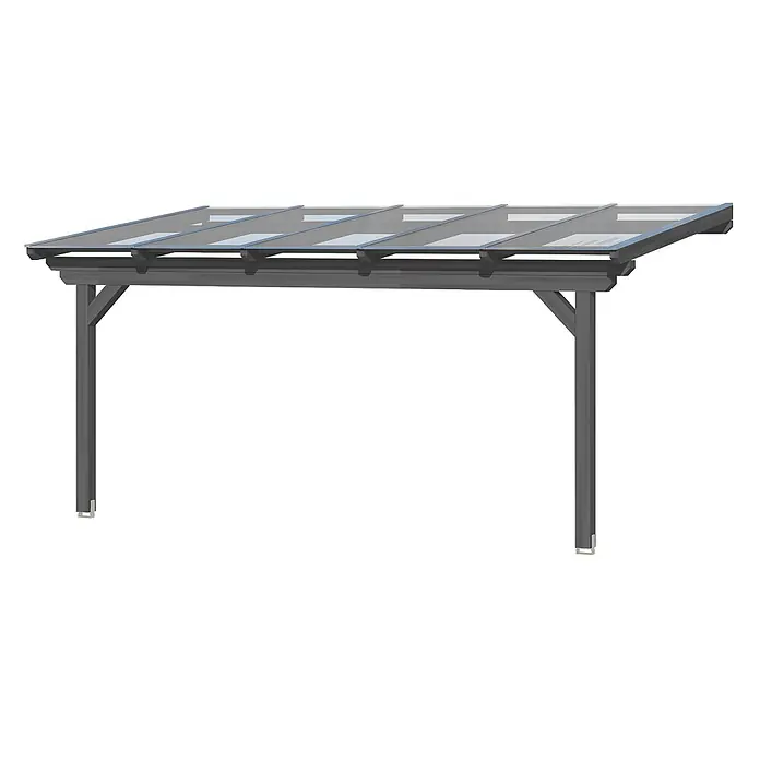 SKAN HOLZ Terrassenüberdachung Ancona - B x T: 541 x 400 cm, Schiefergrau, Polycarbonat, Transparent - Dunkelgraues Metall-Carport mit schrägem, lichtdurchlässigem Plattendach.
