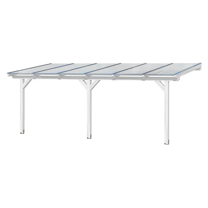SKAN HOLZ Terrassenüberdachung Andria - B x T: 648 x 350 cm, Weiß, Polycarbonat, Transparent - Weißer Metall-Carport mit transparentem Plattendach, auf vier Pfosten gestützt.