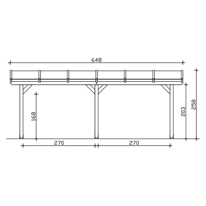 SKAN HOLZ Terrassenüberdachung Bormio - B x T: 648 x 250 cm, Anthrazit, Polycarbonat, Transparent - Architekturzeichnung einer Trägerstruktur mit Maßen. Gesamtlänge 648, Höhe 258, Stützenhöhen 168, 203.