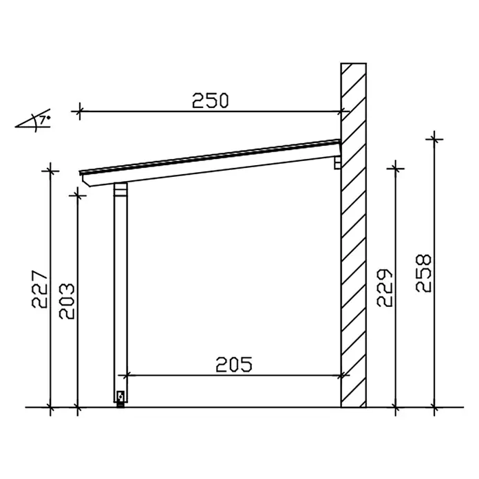 SKAN HOLZ Terrassenüberdachung Bormio - B x T: 648 x 250 cm, Anthrazit, Polycarbonat, Transparent - Technische Zeichnung einer wandmontierten Anlehn-Dachkonstruktion mit Stützpfosten, zeigt Maße und 7-Grad-Neigung.