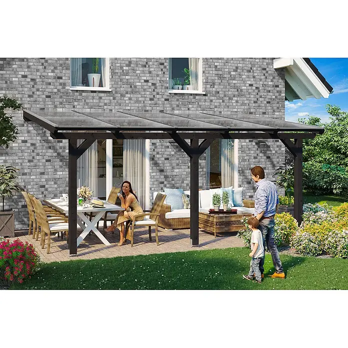 SKAN HOLZ Terrassenüberdachung Andria - B x T: 541 x 300 cm, Anthrazit, Polycarbonat, Transparent - Schwarze Terrassenüberdachung mit transparentem Dach, die sich vom Haus über einen Ess- und Loungebereich erstreckt.