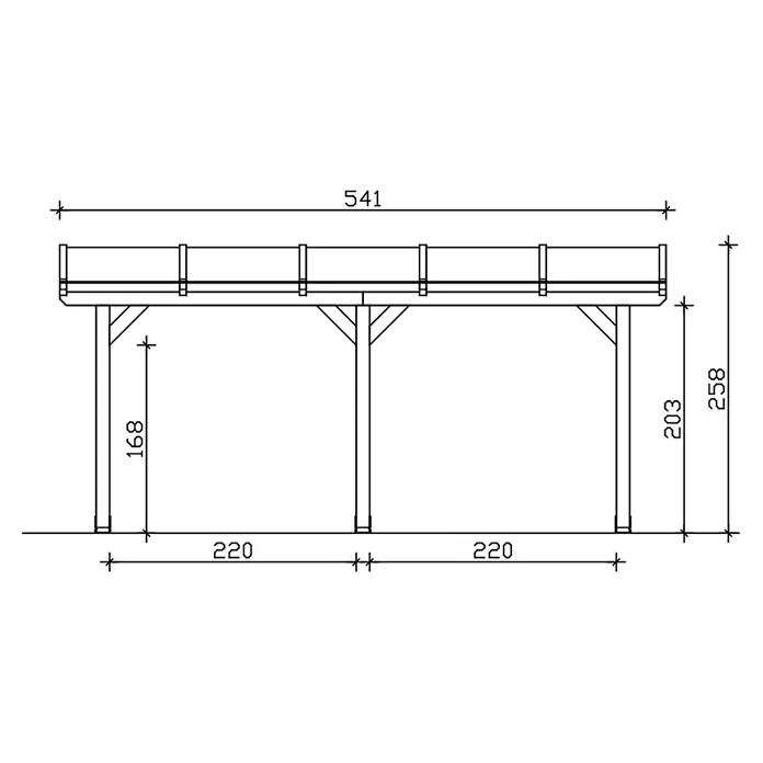 SKAN HOLZ Terrassenüberdachung Andria - B x T: 541 x 250 cm, Weiß, Polycarbonat, Transparent - Technische Zeichnung eines Holz-Pergola- oder Carport-Rahmens mit Maßen und tragenden Elementen.