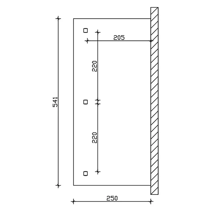 SKAN HOLZ Terrassenüberdachung Andria - B x T: 541 x 250 cm, Weiß, Polycarbonat, Transparent - Bemaßte technische Zeichnung einer rechteckigen Platte mit drei quadratischen Befestigungslöchern, an einer Wand montiert.
