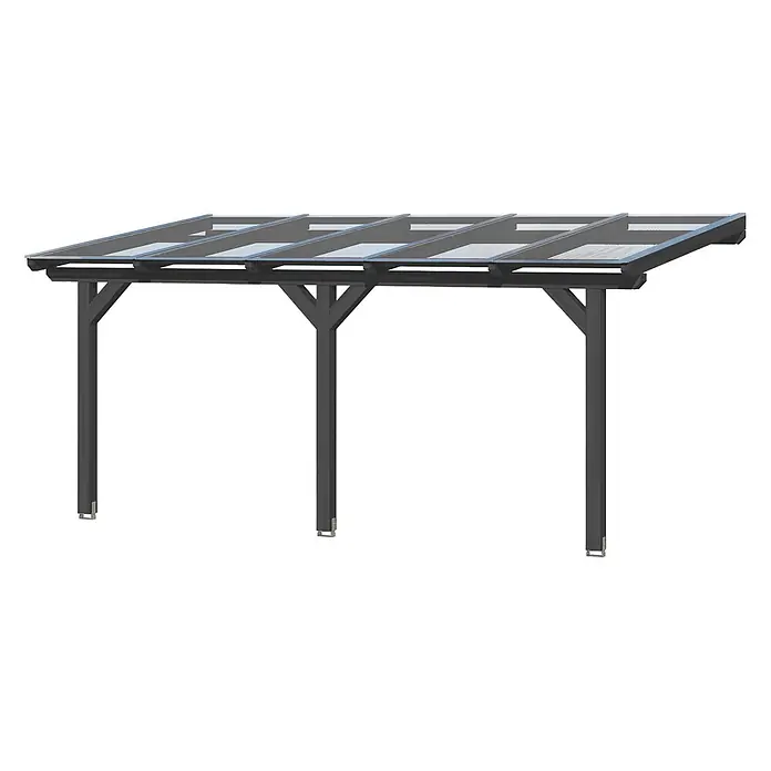 SKAN HOLZ Terrassenüberdachung Andria - B x T: 541 x 300 cm, Anthrazit, Polycarbonat, Transparent - Dunkelgraue Metallpergola mit transparenten Dachpaneelen, gestützt von vier Pfosten und Streben.