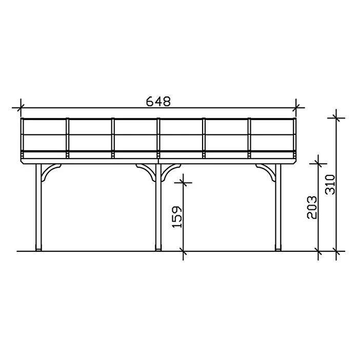 SKAN HOLZ Terrassenüberdachung Venezia - B x T: 648 x 389 cm, Anthrazit, Polycarbonat, Transparent - Technische Zeichnung einer erhöhten Plattform mit Geländer und Stützpfosten, mit Hauptmaßen.