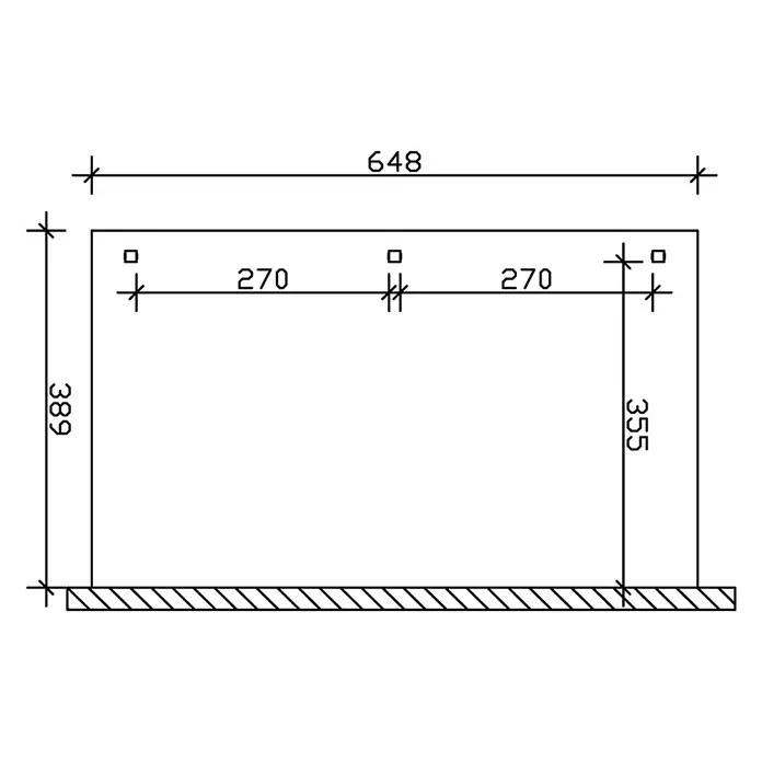 SKAN HOLZ Terrassenüberdachung Venezia - B x T: 648 x 389 cm, Anthrazit, Polycarbonat, Transparent - Technische Zeichnung eines Rechteckrahmens mit Maßen: Gesamtbreite 648, linke Höhe 389, rechte Höhe 355, zwei interne horizontale Abschnitte von 270.