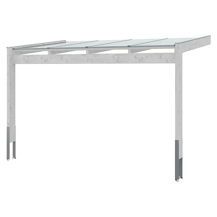 SKAN HOLZ Terrassenüberdachung Novara - B x T: 450 x 259 cm, Weiß, Polycarbonat, Transparent - Carport aus hellem Holz mit transparenten Glasdachplatten und Metallsockeln.