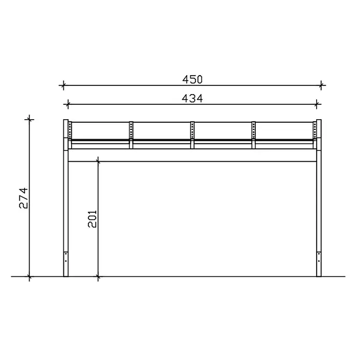 SKAN HOLZ Terrassenüberdachung Novara - B x T: 450 x 259 cm, Natur, Polycarbonat, Transparent - Technische Zeichnung eines Bettgestells mit Hauptmaßen: Gesamtbreite 450, Gesamthöhe 274 und Bettenhöhe 201.