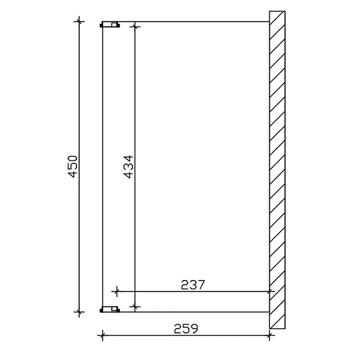 SKAN HOLZ Terrassenüberdachung Novara - B x T: 450 x 259 cm, Natur, Polycarbonat, Transparent - Technische Zeichnung eines rechteckigen Schrank- oder Regalteils mit Außenmaßen von 450 mm Höhe und 259 mm Tiefe.