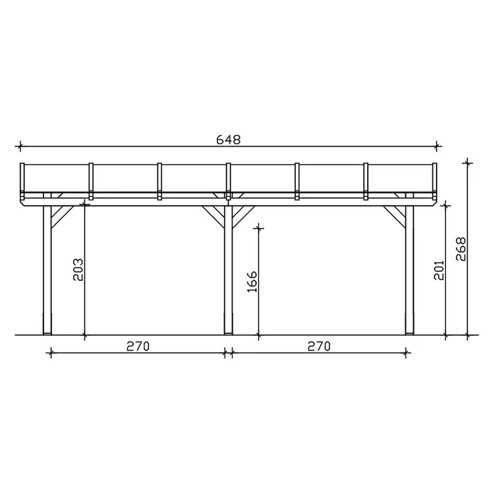 SKAN HOLZ Terrassenüberdachung Siena - B x T: 648 x 350 cm, Schiefergrau, Polycarbonat, Transparent - Technische Zeichnung einer erhöhten Plattform mit drei Stützpfosten und Diagonalstreben, detaillierte Maße anzeigend.