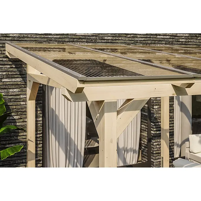 SKAN HOLZ Terrassenüberdachung Siena - B x T: 648 x 250 cm, Natur, Polycarbonat, Transparent - Pergola aus hellem Holz mit transparenten Dachplatten für Terrassenschutz.