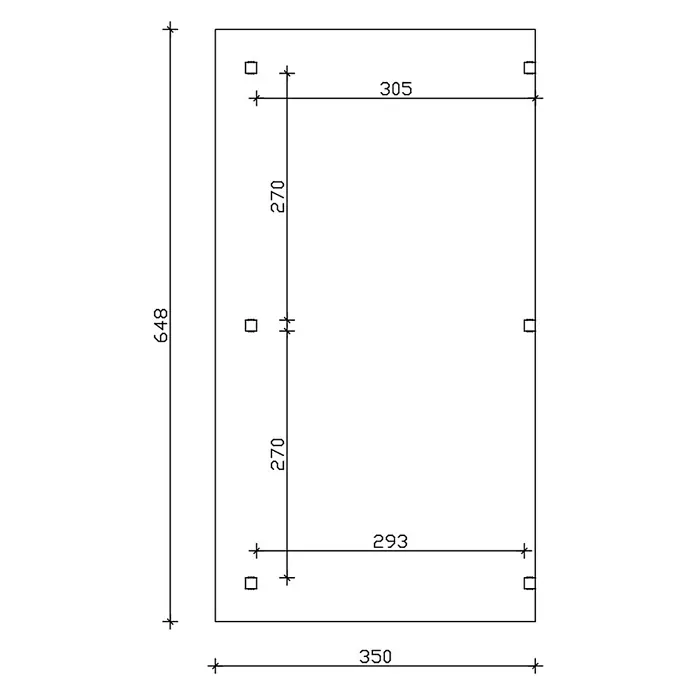 SKAN HOLZ Terrassenüberdachung Siena - B x T: 648 x 350 cm, Schiefergrau, Polycarbonat, Transparent - Technische Zeichnung eines rechteckigen Layouts mit Gesamtmaßen 350x648 und internen Abmessungen.