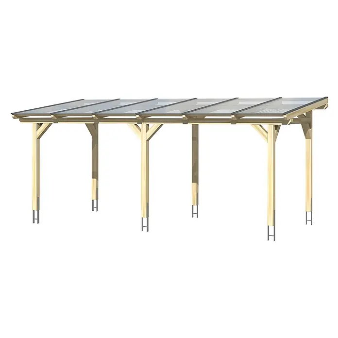SKAN HOLZ Terrassenüberdachung Siena - B x T: 648 x 300 cm, Natur, Polycarbonat, Transparent - Carport/Pergola aus hellem Holz mit transparenten Dachplatten, getragen von sechs Pfosten.
