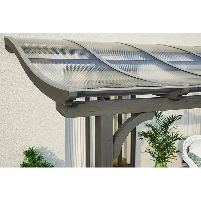 SKAN HOLZ Terrassenüberdachung Venezia - B x T: 541 x 289 cm, Schiefergrau, Polycarbonat, Transparent - Gebogene graue Outdoor-Pergola mit transparenten Wellplattendächern, über einem Sitzbereich.