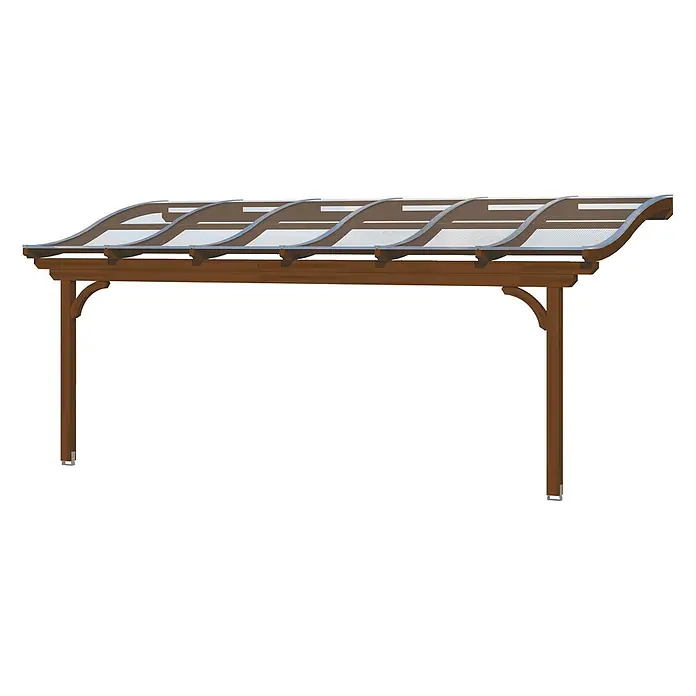 SKAN HOLZ Terrassenüberdachung Verona - B x T: 648 x 239 cm, Nussbaum, Polycarbonat, Transparent - Braune Holzpergola mit zwei Pfosten und gewölbtem, durchsichtigem Dach, für Schatten und Schutz.