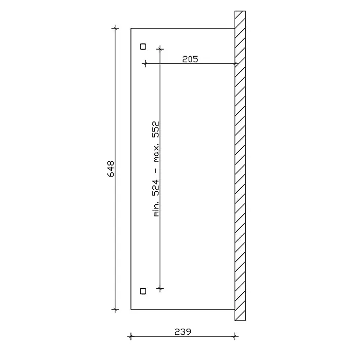 SKAN HOLZ Terrassenüberdachung Verona - B x T: 648 x 239 cm, Nussbaum, Polycarbonat, Transparent - Technische Zeichnung zur Montage eines Artikels: Höhe 648, Tiefe 239. Befestigungspunkte 205 von links, vertikal verstellbar 524-552mm.