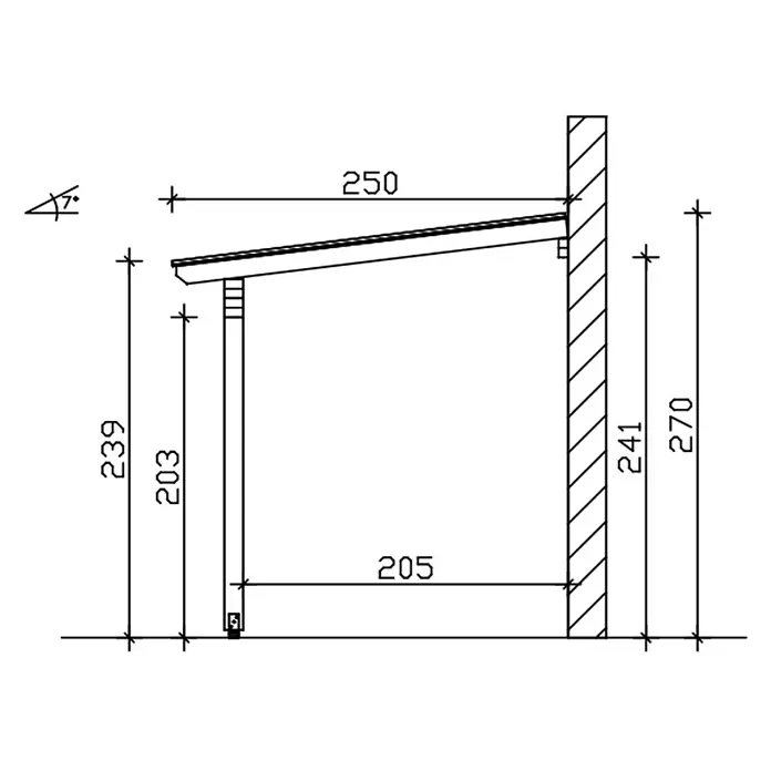 SKAN HOLZ Terrassenüberdachung Ancona - B x T: 541 x 250 cm, Natur, Polycarbonat, Transparent - Technische Zeichnung einer Pultdachkonstruktion mit Stützpfosten, an einer Wand montiert. Zeigt Maße und 7-Grad-Neigung.