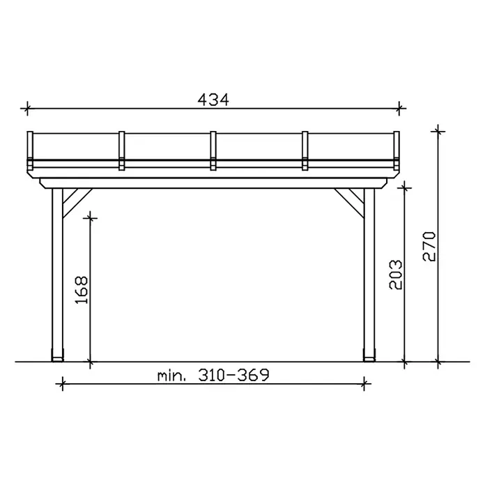 SKAN HOLZ Terrassenüberdachung Ancona - B x T: 434 x 250 cm, Natur, Polycarbonat, Transparent - Technische Zeichnung einer Holzkonstruktion (Pergola/Carport) mit Maßen: Gesamtlänge 434, Gesamthöhe 270, und Basisbreite 310-369.