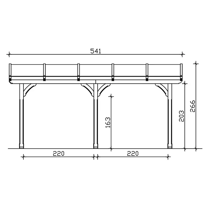 SKAN HOLZ Terrassenüberdachung Rimini - B x T: 541 x 300 cm, Natur, Polycarbonat, Transparent - Technische Zeichnung einer rechteckigen erhöhten Plattform oder Brückenabschnitt mit Stützen und Streben, inklusive Maßen.