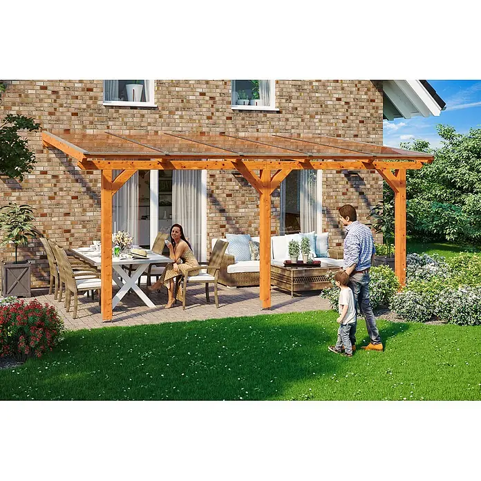 SKAN HOLZ Terrassenüberdachung Andria - B x T: 541 x 300 cm, Eiche hell, Polycarbonat, Transparent - Holzpergola mit transparentem Dach schafft einen überdachten Ess- und Wohnbereich im Freien am Backsteinhaus.