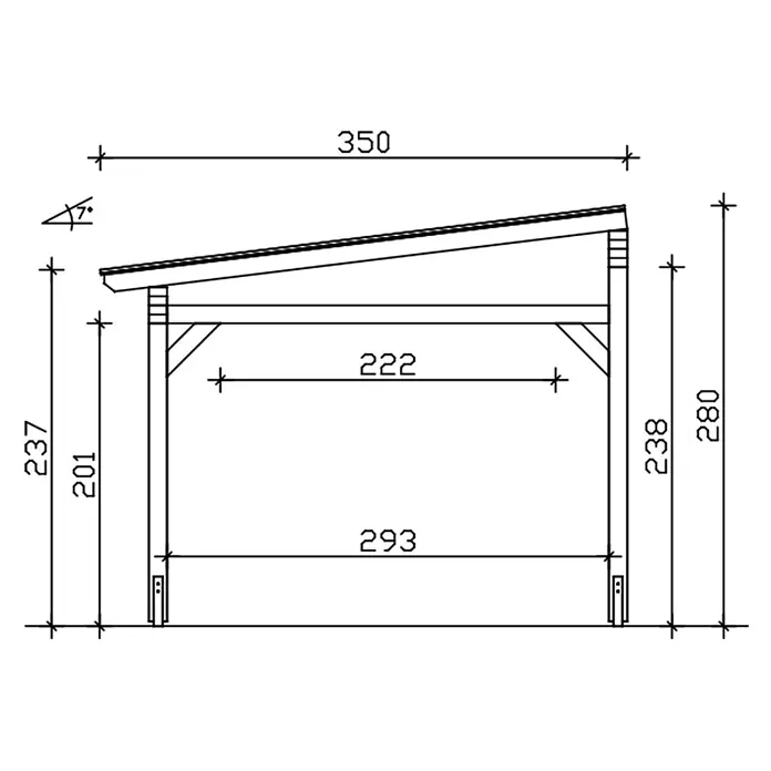 SKAN HOLZ Terrassenüberdachung Sanremo - B x T: 648 x 350 cm, Nussbaum, Polycarbonat, Transparent - Technische Zeichnung eines Holzunterstands mit 7-Grad-Dachneigung und Maßen.