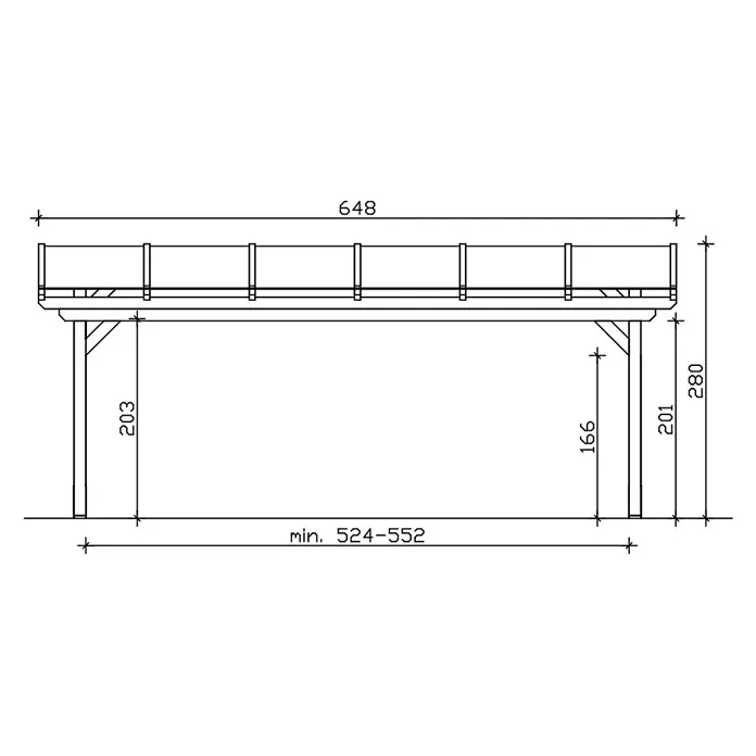 SKAN HOLZ Terrassenüberdachung Sanremo - B x T: 648 x 350 cm, Nussbaum, Polycarbonat, Transparent - Technische Zeichnung einer erhöhten Plattform mit Stützpfosten und Maßen.