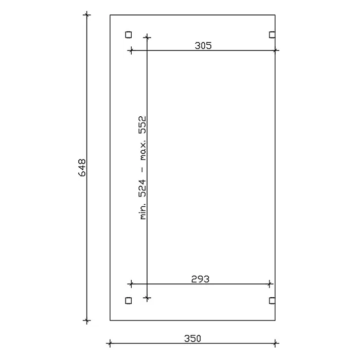SKAN HOLZ Terrassenüberdachung Sanremo - B x T: 648 x 350 cm, Nussbaum, Polycarbonat, Transparent - Technische Zeichnung mit Gesamtmaßen 350x648, zeigt Befestigungspunkte mit variabler Anordnung.