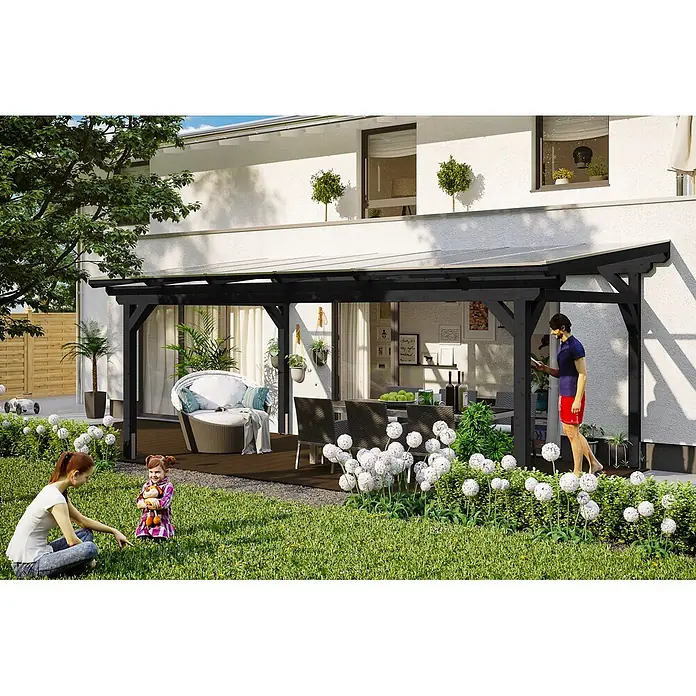 SKAN HOLZ Terrassenüberdachung Sanremo - B x T: 648 x 300 cm, Anthrazit, Polycarbonat, Transparent - Schwarze Terrassenüberdachung mit transparentem Dach schützt einen Sitzbereich im Freien am Haus.