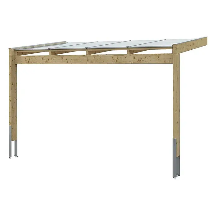 SKAN HOLZ Terrassenüberdachung Novara - B x T: 450 x 259 cm, Natur, Polycarbonat, Transparent - Carport-Holzrahmen mit transparenten Dachplatten und Metallpfostenankern.