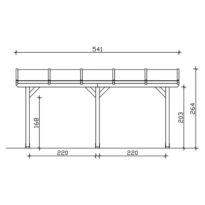 SKAN HOLZ Terrassenüberdachung Bormio - B x T: 541 x 300 cm, Eiche hell, Polycarbonat, Transparent - Technische Zeichnung einer erhöhten Holzplattform oder Brücke mit Pfosten, Stützen, Geländer und Bemaßungen.