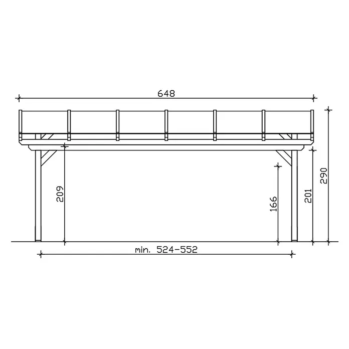 SKAN HOLZ Terrassenüberdachung Sanremo - B x T: 648 x 400 cm, Natur, Polycarbonat, Transparent - Technische Zeichnung einer erhöhten Plattform mit Geländer und Stützbeinen, mit Gesamtlänge 648 und Höhe 290.
