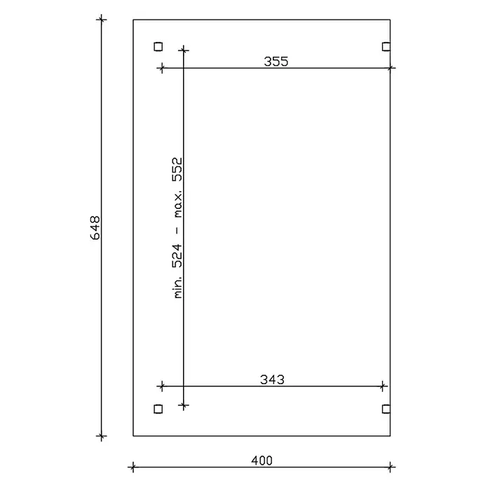 SKAN HOLZ Terrassenüberdachung Sanremo - B x T: 648 x 400 cm, Natur, Polycarbonat, Transparent - Maßzeichnung einer rechteckigen Platte, 400x648 mm, mit vier Eckaussparungen und detaillierten Befestigungspunktmaßen.